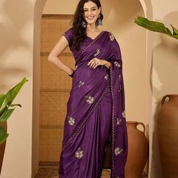 Sangria Floral Embroidered Saree With Unstitched Blouse-image-96