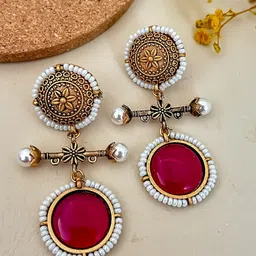 Zeviel Gold-Plated Stones Studded & Pearls Beaded Circular Drop Earrings-image-37