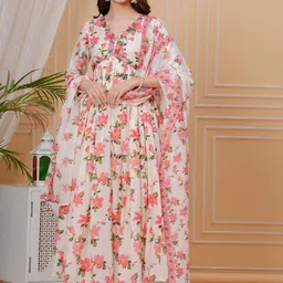 Mizaz Floral Printed Sequinned Cotton Empire Style Anarkali Kurta With Trousers & Dupatta-20