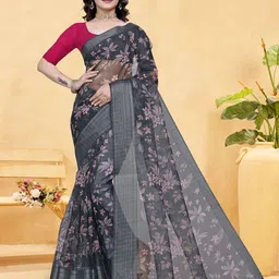 Moda Rapido Floral Checked Organza Saree With Unstitched Blosue Piece-1
