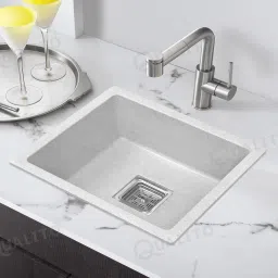 Quartz Kitchen Sink 16x18X9 Inch Dotted White Color With Waste Coupling & Waste Pipe | Single Big Bowl Modern Granite Sink for Kitchen Under Counter Basin-image-22