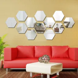 120 cm 12 Hexagon Silver (Size 10.5 x 12.1) 3D Acrylic Stickers, 3D Acrylic Mirror Wall Stickers for Living Room, Hall, Bed Room & Home (Pack of 12) Self Adhesive Sticker-22