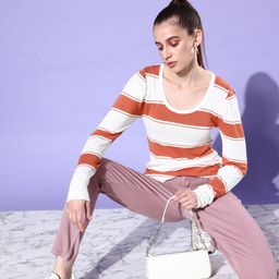 Mast & Harbour Women White & Rust Brown Striped Scoop Neck Pullover-18