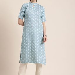 Sun Fashion And Lifestyle Women Floral Printed Keyhole Neck Kurta-image-82