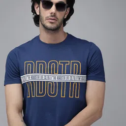 Roadster Men Navy Blue & Mustard Yellow Brand Logo Printed Pure Cotton T-shirt-image-55