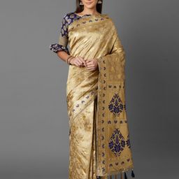 Mitera Beige & Navy Blue Silk Blend Woven Design Kanjeevaram Saree-image-3