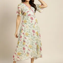 Qurvii Floral Print Flared Sleeves Georgette Maxi Dress-image-22