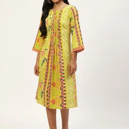 MISRI Women Yellow & White A-Line Flared Sleeves Midi Dress-picture-10