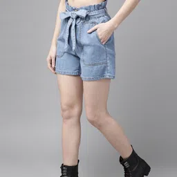Roadster Women Blue Pure Cotton High-Rise Denim Shorts With Belt-image-36