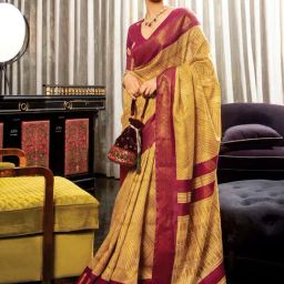 Satrani Mustard Yellow & Maroon Cotton Silk Printed Saree With Unstitched Blouse-picture-20