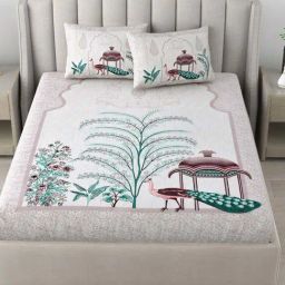 JaipurFabric Green Cotton 180 TC Peacock Printed Bedsheet with 2 Pillow Covers-image-52