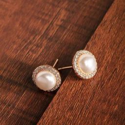 Zaveri Pearls Gold Tone Sparkling Cubic Zirconia & Pearl Stud Earrings - ZPFK9459-90