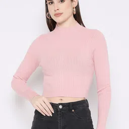 Camey Women Striped Woollen Turtle Neck Crop Pullover-image-7