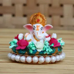 eCraftIndia Lord Ganesha Idol on Decorative Handcrafted Plate with Colorful Flowers-image-59