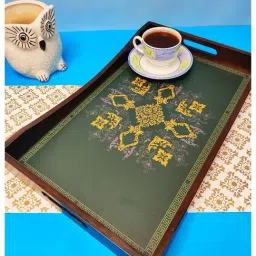 Crayton Green & Yellow Teak Wood Serving Tray - Set of 1-44