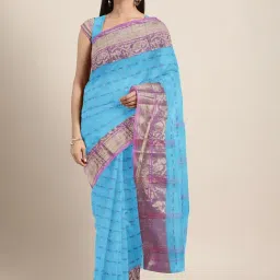 Kalakari India Blue Cotton Zari Work Saree With Unstitched Blouse-image-84