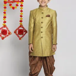 VASTRAMAY Kids Yellow & Coffee Brown Printed Sherwani Set-image-93