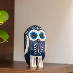 ExclusiveLane Hand-painted Navy Blue & White Eucalyptus Wood The Knowledgeable Owl Showpiece-26