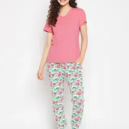 Clovia Pink Printed Cotton T-Shirt With Pyjamas-image-48