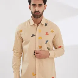 HE SPOKE Beige Cotton Lycra Tailored fit Print Casual Shirt-image-41