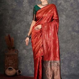 Satrani Maroon & Green Silk Woven Saree With Unstitched Blouse-picture-2