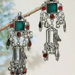 Moedbuille Meenakari Work Ghungroo Tasselled Design Oxidised Silver Plated Antique Earrings-43