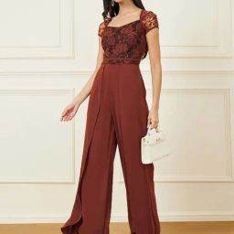 Miss Chase Rust Sweetheart Neck Raglan Sleeve Floral Lace Overlaid Crepe Regular Length Jumpsuit-picture-0