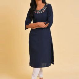 W Navy Cotton Embroidered Straight Kurta-image-32