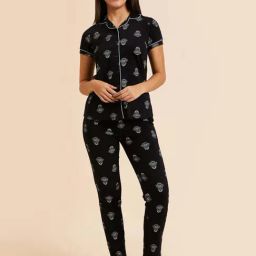 Sweet Dreams Black Cotton Printed Shirt Pyjamas Set-image-36