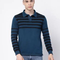 Kalt Teal & Black Regular Fit Striped Polo T-Shirt-image-45