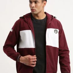 Showoff Maroon Slim Fit Colour Block Hooded Jacket-30