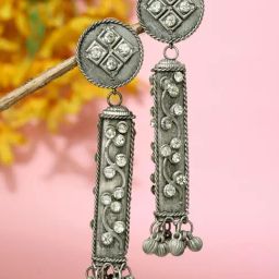 Moedbuille Ghungroo and Crystals Antique Tribal Design Oxidised Silver Plated Earrings-image-67