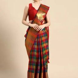 Silk Land Multicolor Check Saree With Unstitched Blouse-picture-12