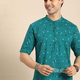 Anouk Men Teal Green & Blue Geometric Print & Checked Mandarin Collar Pure Cotton Kurta-3