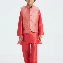 Kids Island Boys Red Silk Embroidered Regular Fit Kurta Set-image-95