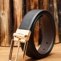 Louis Stitch Black Textured Leather Reversible Belt for Men-image-67