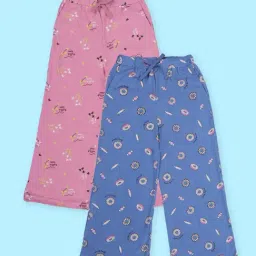 Kiddopanti Girls Pink and Dusty Blue Cotton Printed Regular Fit Pyjamas - Pack of 2-image-75