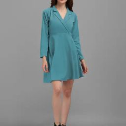 PURVAJA Turquoise Knitted Slim Fit A Line Dress-image-89