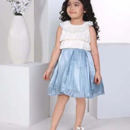 Peppermint Girls Blue & White Solid Dress-image-103