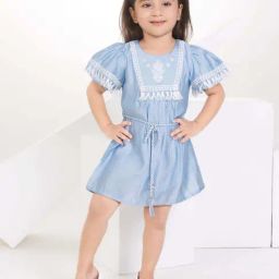 Peppermint Girls Blue Cotton Textured Dress-image-47