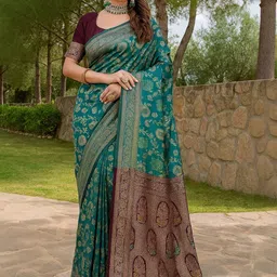 Moda Rapido Teal Woven Design Silk Cotton Kanjeevaram Sarees-picture-3