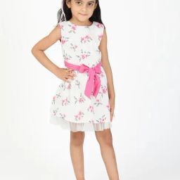 Budding Bees Kids White Printed Dress-image-71