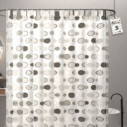 Aura 5-Pcs Grey & White Printed Waterproof ShowerCurtainWithHooks-0