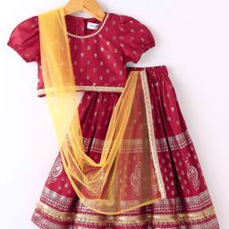 Saka Designs Puffed Sleeves Rayon Pleated Foil Printed Lehenga Choli with Duppatta - Maroon & Yellow-image-98