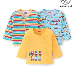 Babyhug Cotton Knit Antibacterial Full Sleeves Vests Stripes & Train Print Pack of 3 - Blue Red & Yellow-picture-21