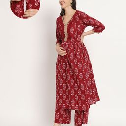 Aujjessa Three Fourth Bell Sleeves Floral Printed Maternity Feeding Kurta Set With Concealed Zipper Access  - Burgundy-picture-12