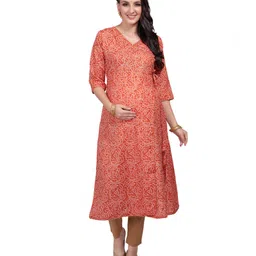Mom for sure by Ketki Dalal Three Fourth Sleeves Bandhani Design & Lace Embellished Maternity Kurta With Concealed Zipper Nursing Access - Coral Red-picture-17