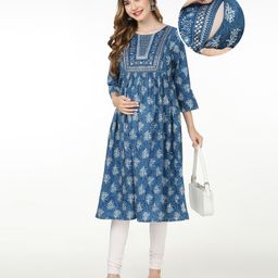 Bella Mama Viscose Woven Three Fourth Sleeves Printed With Embroidered Yoke Maternity Kurta with Pocket - Blue-image-80