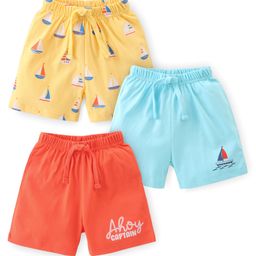 Babyhug Cotton Knit  Single Jersey Shorts With Boat Theme Print Pack Of 3 - Yellow Blue & Red-image-137