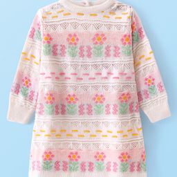 Babyhug Knitted Full Sleeves Woolen Dress With Floral Design -White-image-10